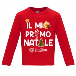 T-shirt maglietta bimbo bimba manica lunga Il mio primo Natale! Personalizzata con nome! Rossa!