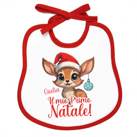 Bavaglino bavetta Il Mio Primo 1° Natale, personalizzato con nome di bimbo o bimba! Cerbiatto carino!