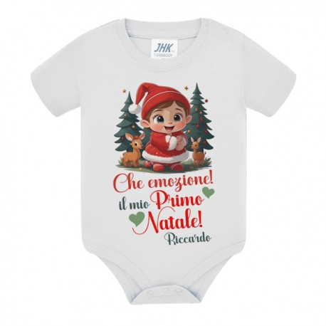 Body bimbo bimba Che emozione! Il mio Primo Natale! Personalizzato con nome! Bebè carino e renne!