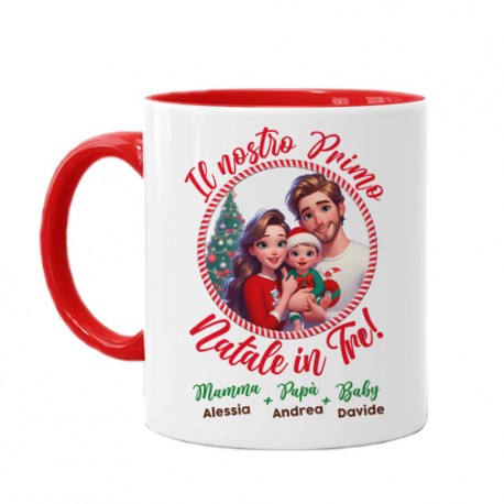 Tazza color mug 11 oz Primo natale in tre! Personalizzata con nomi, mamma papà e bimbo o bimba! Famiglia 5