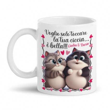 Tazza mug 11 oz Voglio toccare la tua ciccia, amore gattini divertenti, personalizzata con vostri nomi!