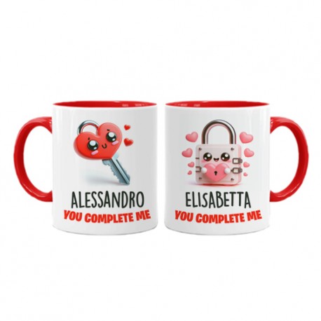 Coppia tazze color mug 11 oz You complete me CHIAVE E LUCCHETTO, personalizzate con nomi! Ti amo amore San Valentino!