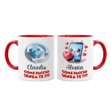 Coppia tazze color mug 11 oz Come faccio senza te SMARTPHONE E CARICABATTERIE, personalizzate con nomi! San Valentino!