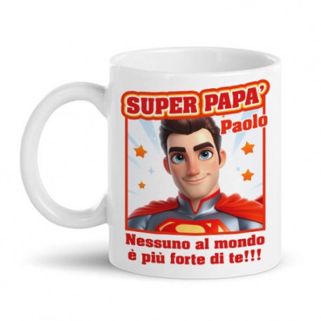 Tazza mug 11 oz Superpapà! Personalizzata con nome! Festa del papà supereroe cartoon!