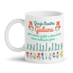 Tazza mug 11 oz Grazie maestra per averci aiutati a sbocciare come fiori! Personalizzata con nomi di insegnante e bambini!