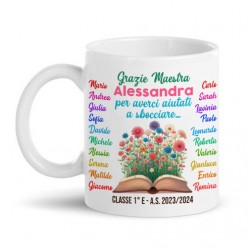 Tazza mug 11 oz Grazie maestra per averci aiutati a sbocciare! Personalizzata con classe, anni e nomi di insegnante e bambini!