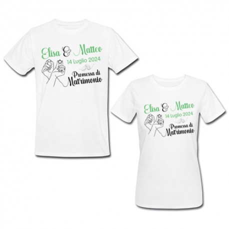 Coppia t-shirt magliette uomo e donna Promessa di Matrimonio, personalizzate con nomi e data! Mani e anelli d'amore!