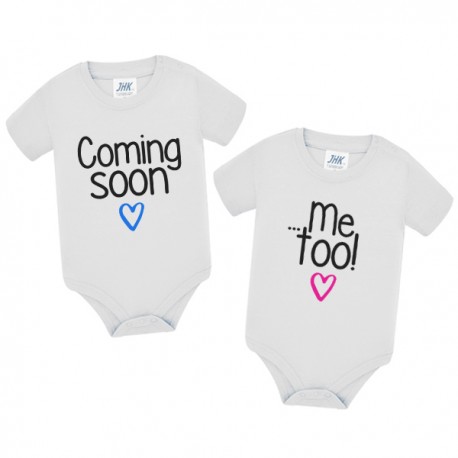 Coppia di Body Bimbo o Bimba Neonati Gemelli Gemellini Coming soon! Me too! Da personalizzare con nomi! Cuori mix!