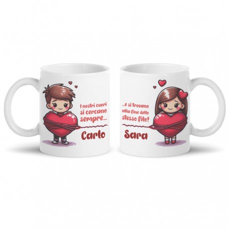 Coppia di tazze mug 11 oz I nostri cuori stesso filo, personalizzate con nomi! Regalo romantico amore ti amo San Valentino! 