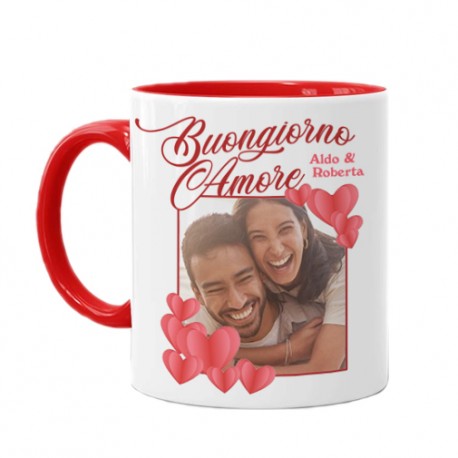 Tazza mug 11oz Buongiorno amore! Personalizzabile con nomi e foto nella cornice cuori! Regalo divertente ti amo San Valentino!