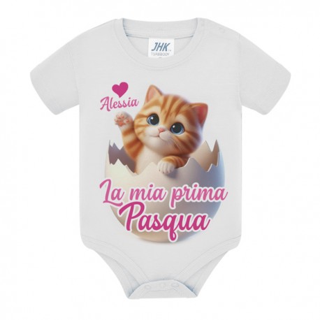 Body bimbo e bimba La mia prima Pasqua, personalizzato con nome! Gattino, ovetto, rosa!