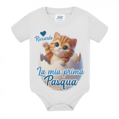 Body bimbo e bimba La mia prima Pasqua, personalizzato con nome! Gattino, ovetto, azzurro!