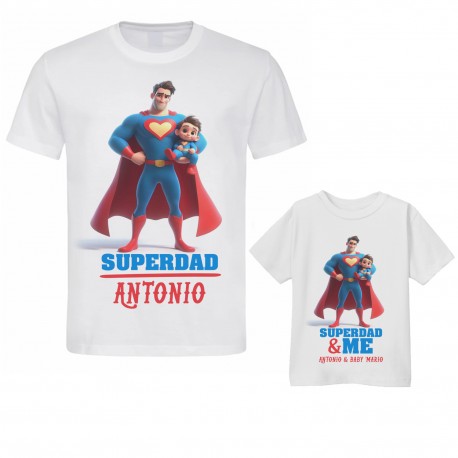 Pacchetto t-shirt magliette uomo e bimbo coppia padre figlio Superdad and me! Festa del papà! Personalizzabili con nomi!