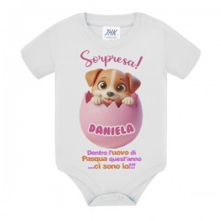 Body bimba Sorpresa Prima Pasqua! Personalizzato con nome! Cagnolino, ovetto di cioccolato rosa!
