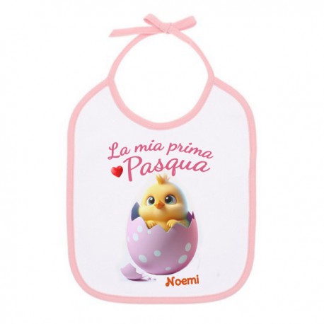 Bavaglino bimba bavetta La mia prima Pasqua! Personalizzato con il nome! Pulcino e ovetto! Bordino rosa!