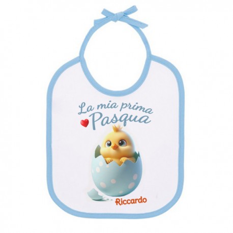 Bavaglino bimbo bavetta La mia prima Pasqua! Personalizzato con il nome! Pulcino e ovetto! Bordino azzurro!
