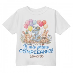  T-Shirt Maglietta Bimbo Primo Compleanno Adesso Ho 1 Anno! Personalizzata con Nome! Coniglietti!