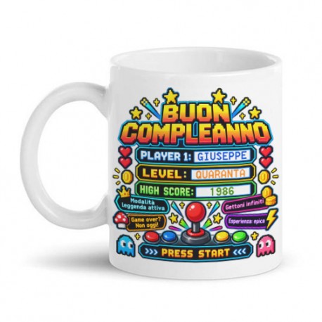 Tazza mug 11oz Buon compleanno, gamer retrogaming arcade lover, personalizzabile con nome, età e anno di nascita!