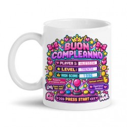Tazza mug 11oz Buon compleanno, rosa, gamer retrogaming arcade lover, personalizzabile con nome, età e anno di nascita!