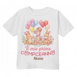  T-Shirt Maglietta Bimba Primo Compleanno Adesso Ho 1 Anno! Personalizzata con Nome! Coniglietti!