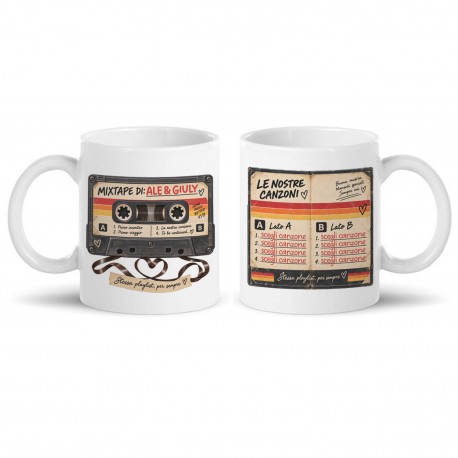 Tazza mug 11oz Audiocassetta vintage personalizzabile con i vostri nomi e le vostre canzoni, playlist personalizzata!