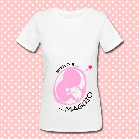 T-shirt "Arrivo a..." personalizzabile con il mese, femmina, simpatica premaman