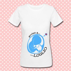 T-shirt "Arrivo a..." personalizzabile con il mese, maschio, simpatica premaman